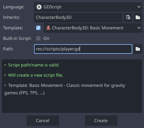 The script creation dialog