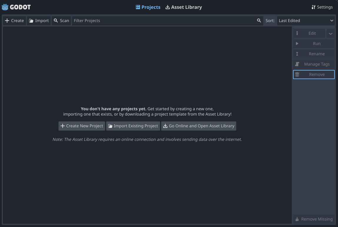 The project selection window