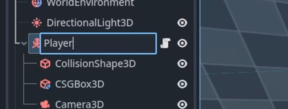 Renaming the CharacterBody3D node to Player