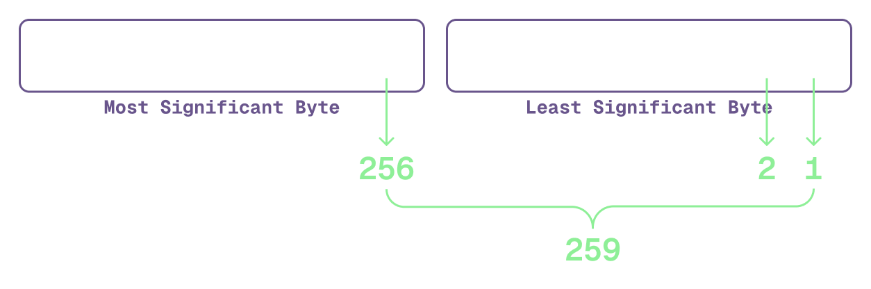 Big-endian layout for a `short` integer adding up to 259
